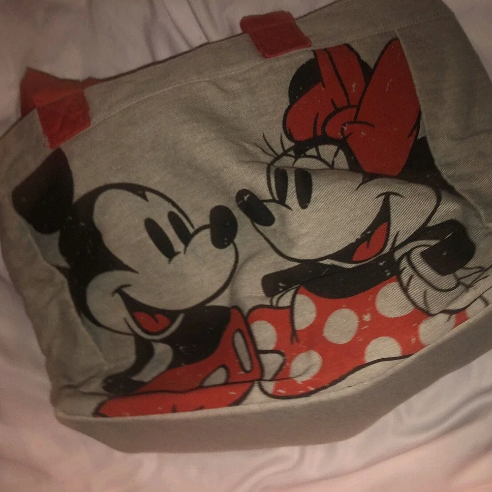Disney Store Mickey & Minnie Mouse‎ Canvas Tote Bag Logo Gray Black Red Graphic